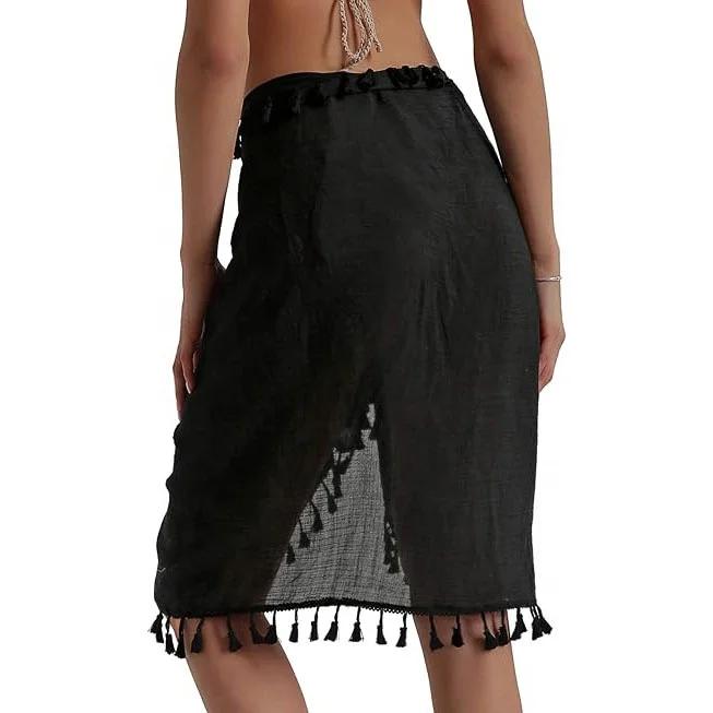 Beach Sarong Pareo Womens Semi-Sheer Swimwear Cover Ups Short Skirt with Tassels