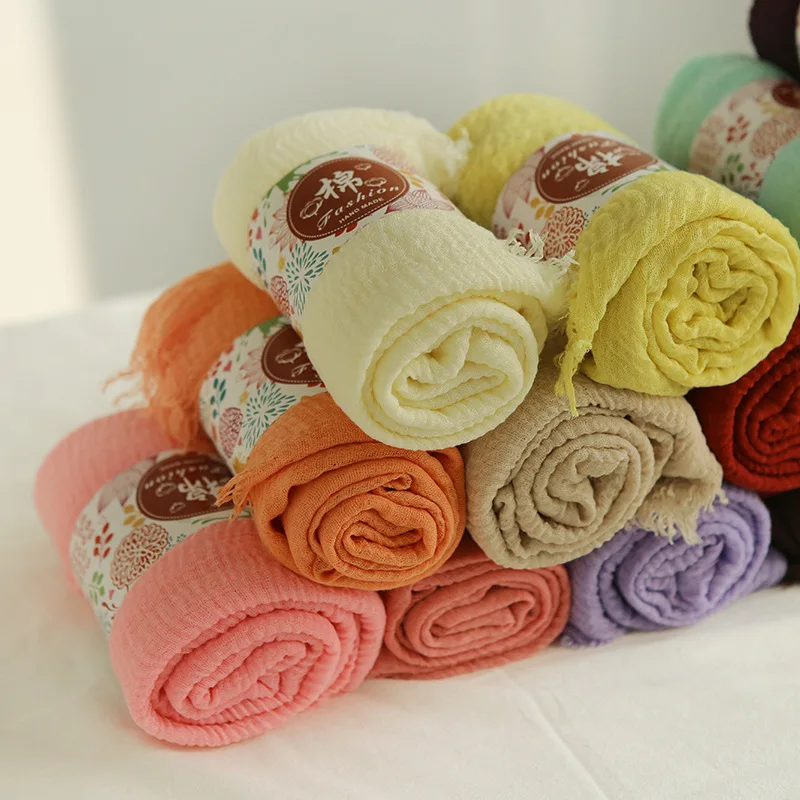 New Solid Color Cotton Linen Wrinkle Scarf Fringe Polyester Hijabi Ladies Custom Chiffon Scarf