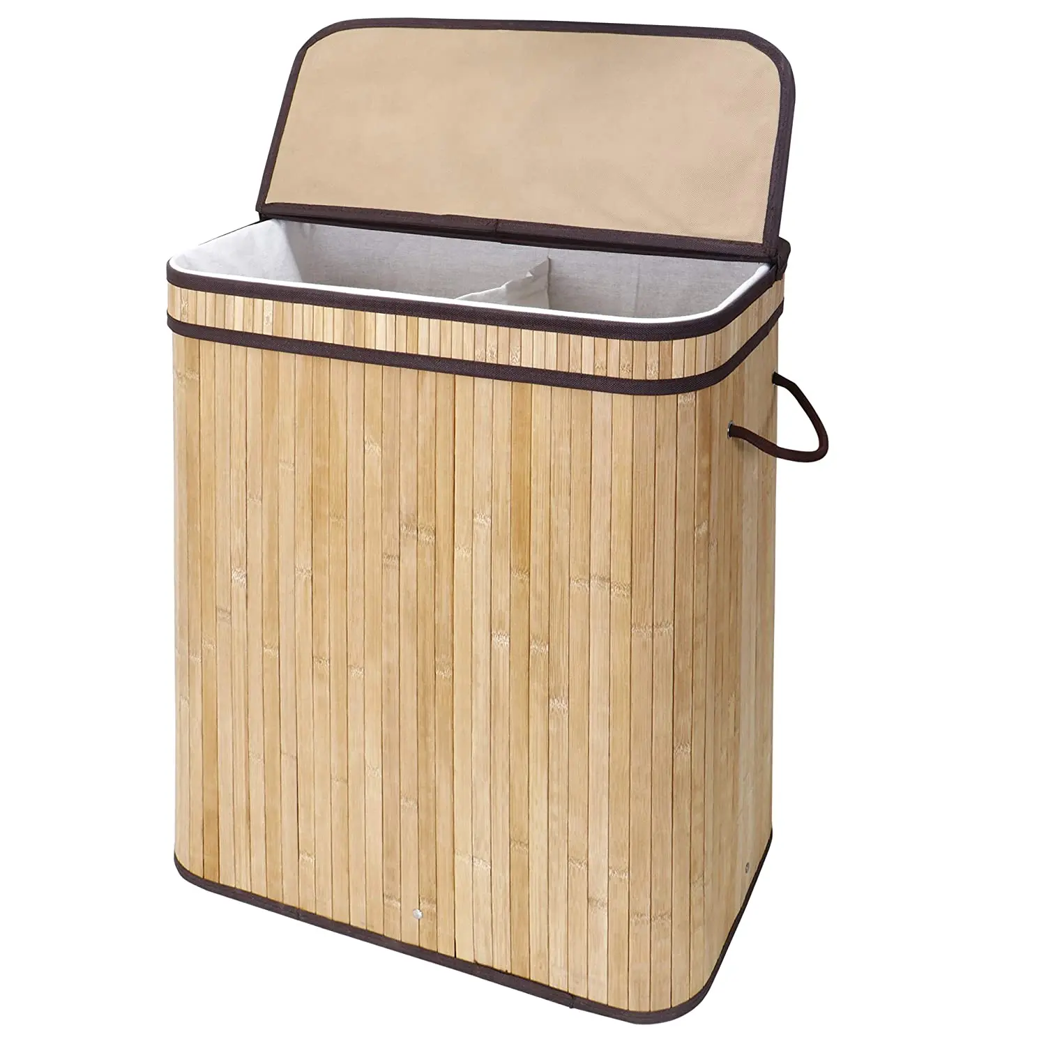 Foldable rectangular bamboo Two-Section laundry basket hamper collapsible laundry hamper