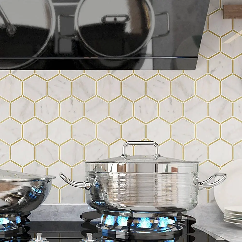 Hexagon Mosaic Tile with Brass Inlay Marble Mosaic New Design Tile Carrara High Quality Black White Marble Mosaic