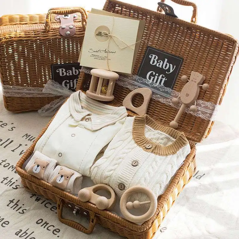 New Luxury rattan box unisex crochet newborn clothes baby gift set jumpsuits & rompers with wooden toys
