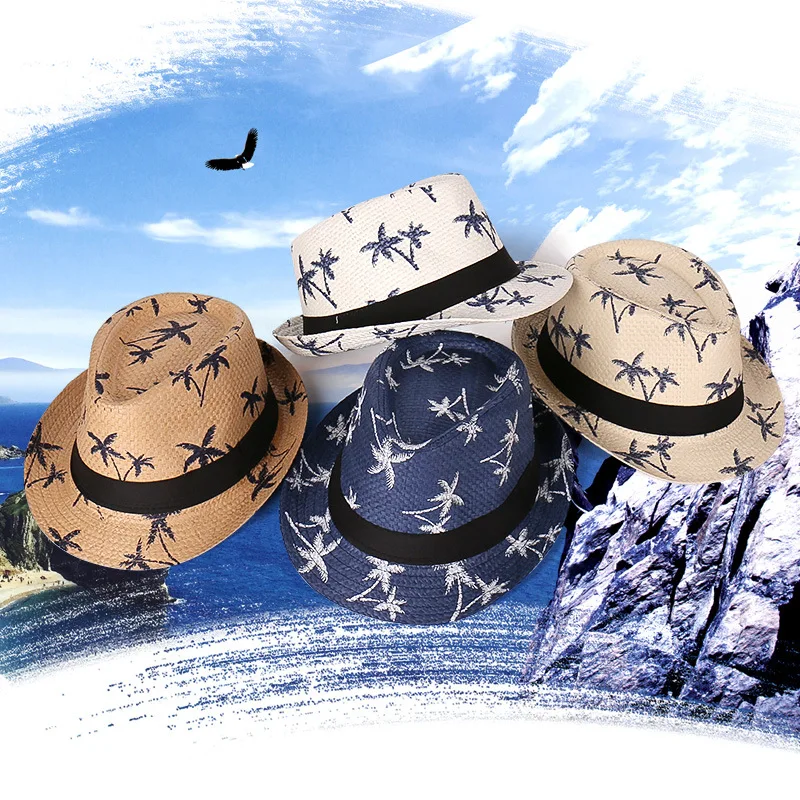 Beach Coconut Palm Printed Fedora Straw Hat for Men Boys Sun Protection Printing Summer Jazz Hat