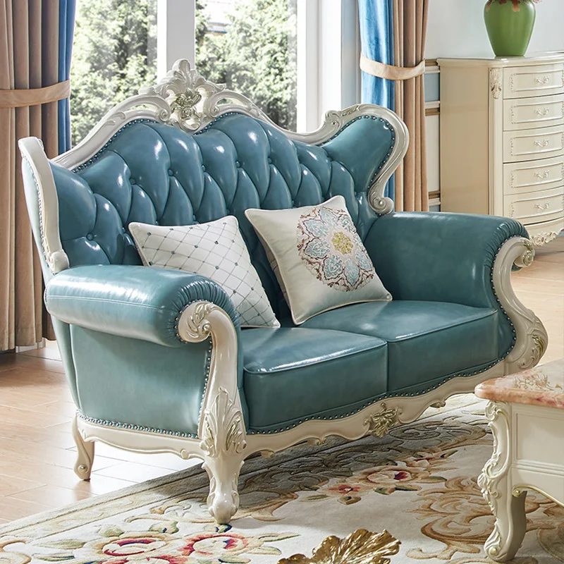 ProCARE European sofa American villa living room genuine leather solid wood carving living room sofa sets