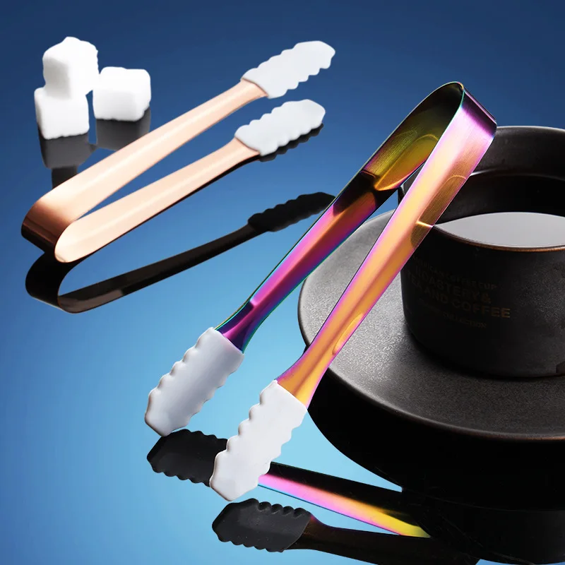 Custom Logo Titanium Plated Color Kitchen Bar Tools 13.3cm 304 Stainless Steel Ice Bucket Clamp Clip Tongs With Silicone Head