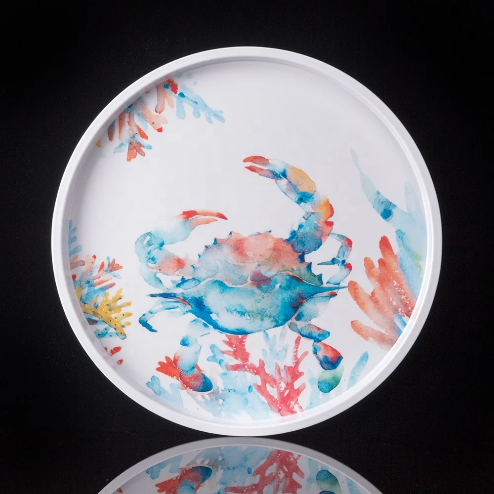 Wholesale Custom Tableware Rustic Appearance Seabed Coral Crab Printing Melamine Dinner Plate Set