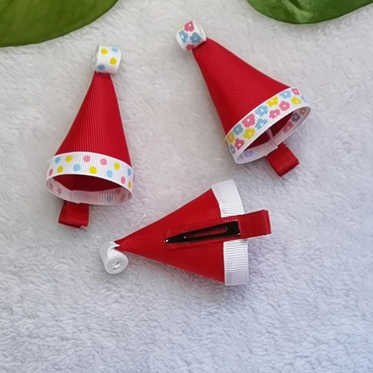 Hot selling Christmas Grosgrain Ribbon baby girl hair accessories cartoon candy cane Christmas mini santa hat hair bow clip