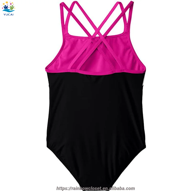 2023  Hot Selling Girls One Piece Contrast Color  Cross Back Multi Straps Nylon Kids Swimwear