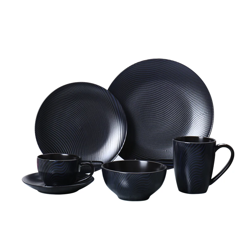 wholesale modern ceramics porcelain black embossed design royal black crockery ceramic dinnerware sets