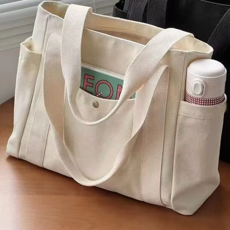 Custom Logo Size Printed Eco Friendly Canvas Shopping Bag With Multiple Pocket Cotton Plain Tote Bags For Women Shoulder Grocery