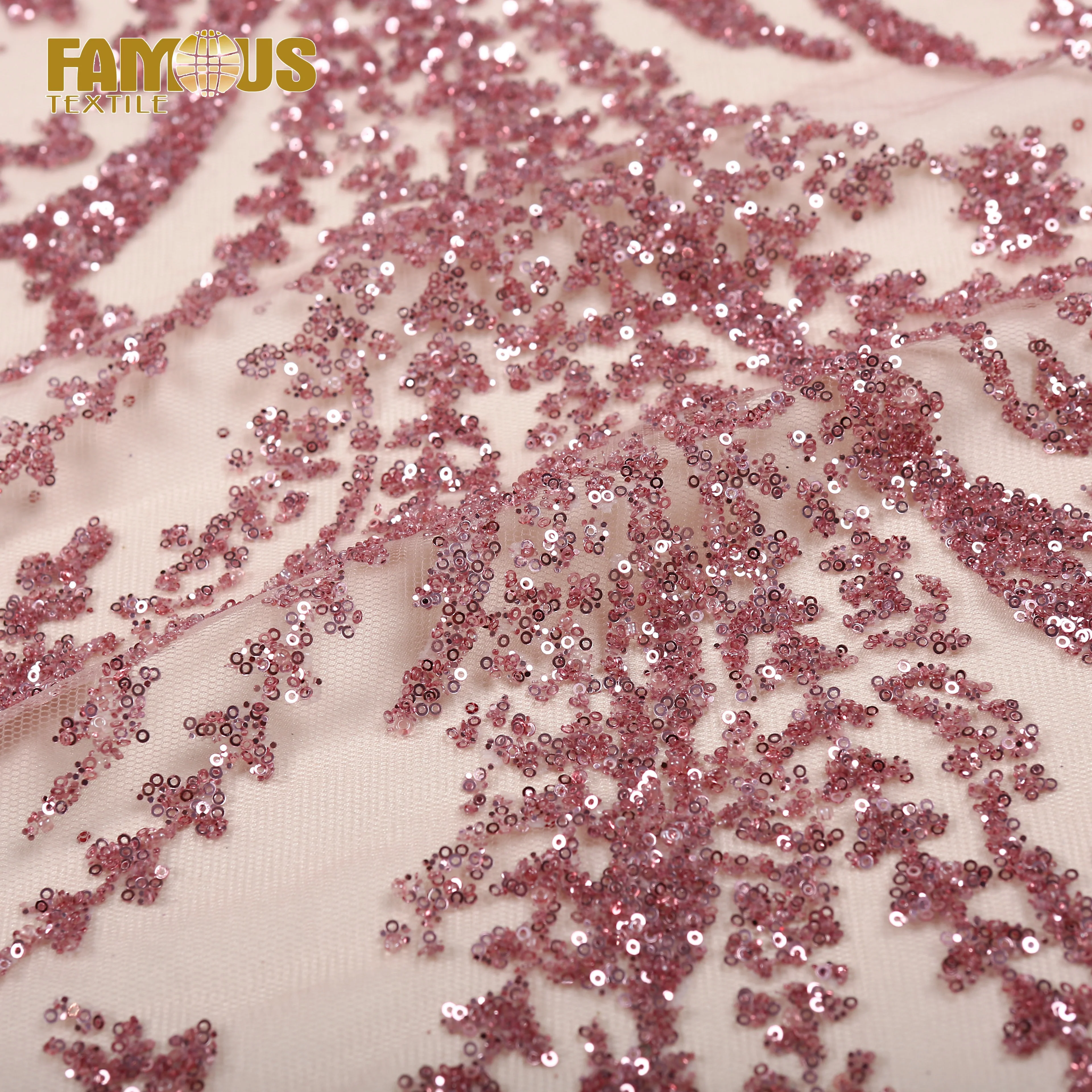Лидер продаж, розовая Корейская Мягкая сетка с тяжелыми бусинами и блестящими блестками, кружевная ткань с вышивкой для невесты