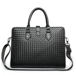 Custom Logo Mens Leather Laptop Briefcase Documents Handbags Weave Business Bag