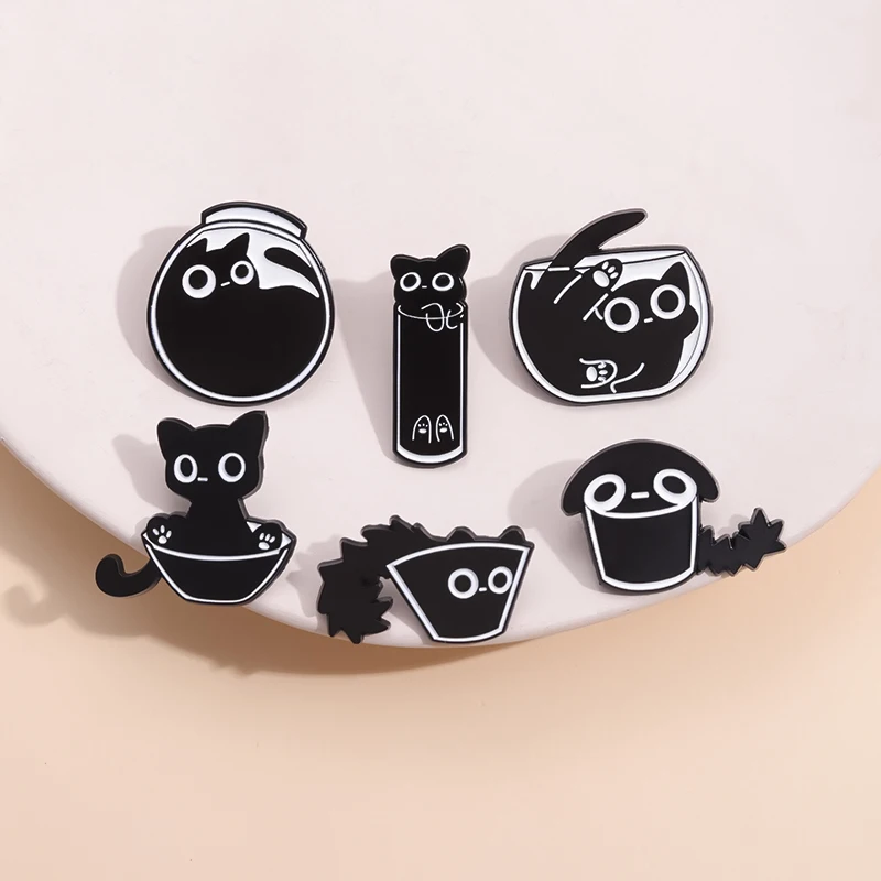 Custom black kitten drinking water play game brooch funny cute cartoon animal metal soft enamel pins lapel badges
