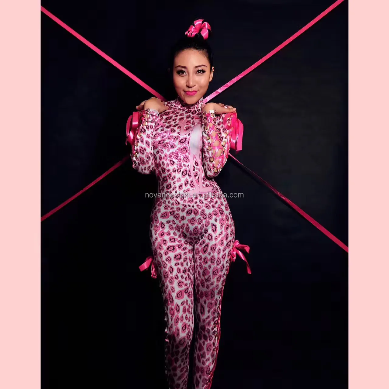 Novance Party & Holiday Supplies Pink Panther Pattern Leopard Print One Piece Jumpsuit Metal Ring Ribbon Tie Performance Wear