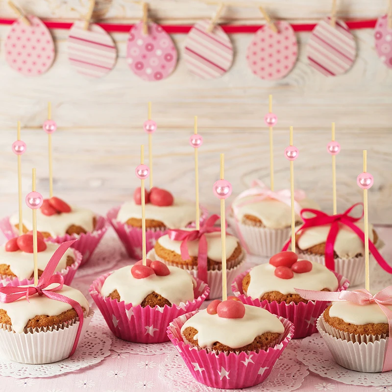 EVEN New Colorful Pink Ball Wood and Bamboo Skewer Cocktail Picks Fruit Decorative Skewers for Christmas