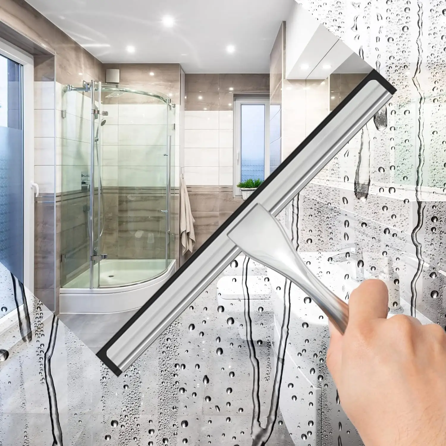 All-Purpose Stainless Steel Shower Squeegee for Shower Glass Door with 2 Adhesive Hooks, Bathroom Cleaner Tool Household Window