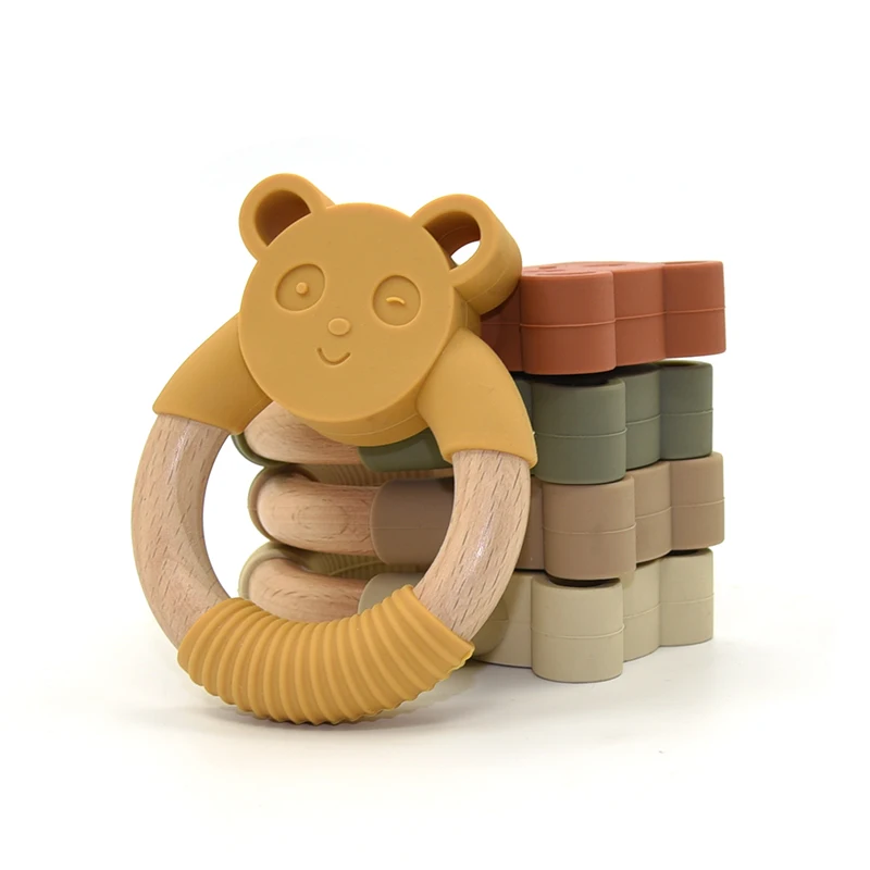 Kinds of  Color Bear Shape Animal Silicone Wooden Teether Bpa Free Silicon Wood Teethers