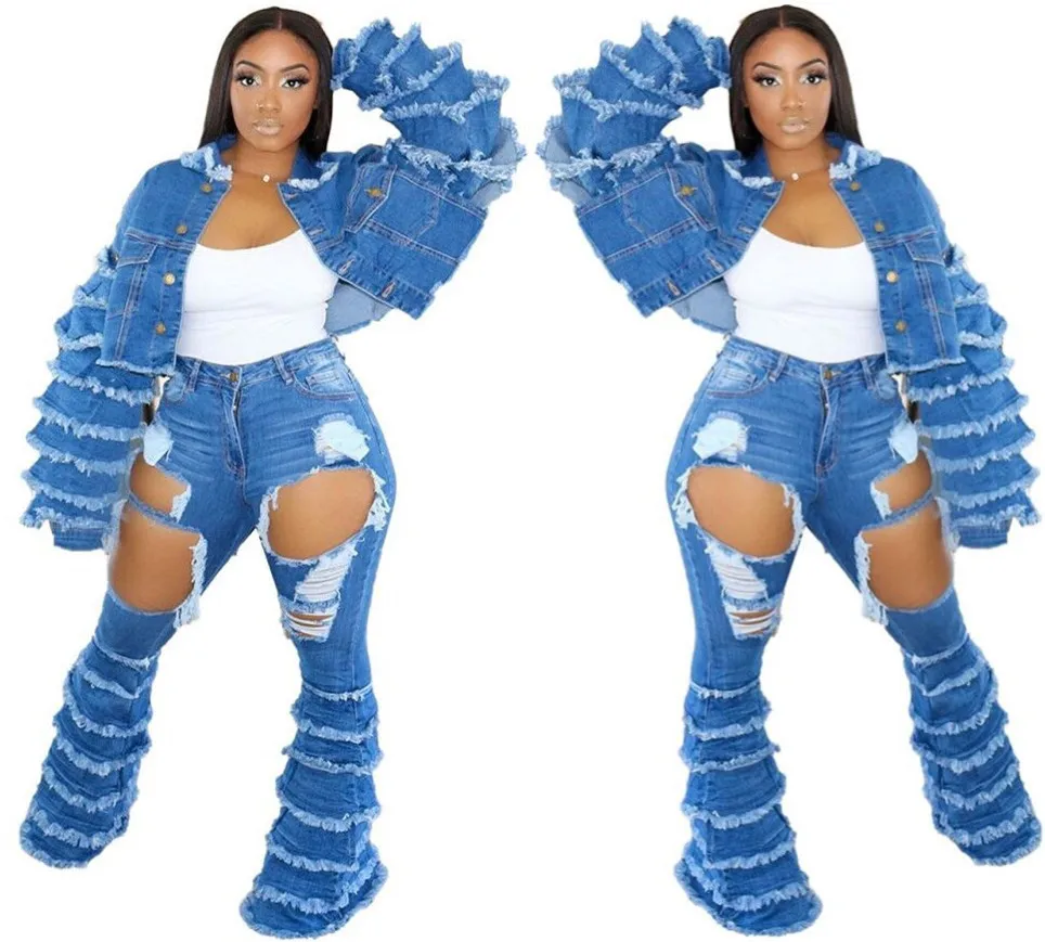 Women Blue Short Demin Jeans Jackets Bell Sleeve Casual Outwear Coat