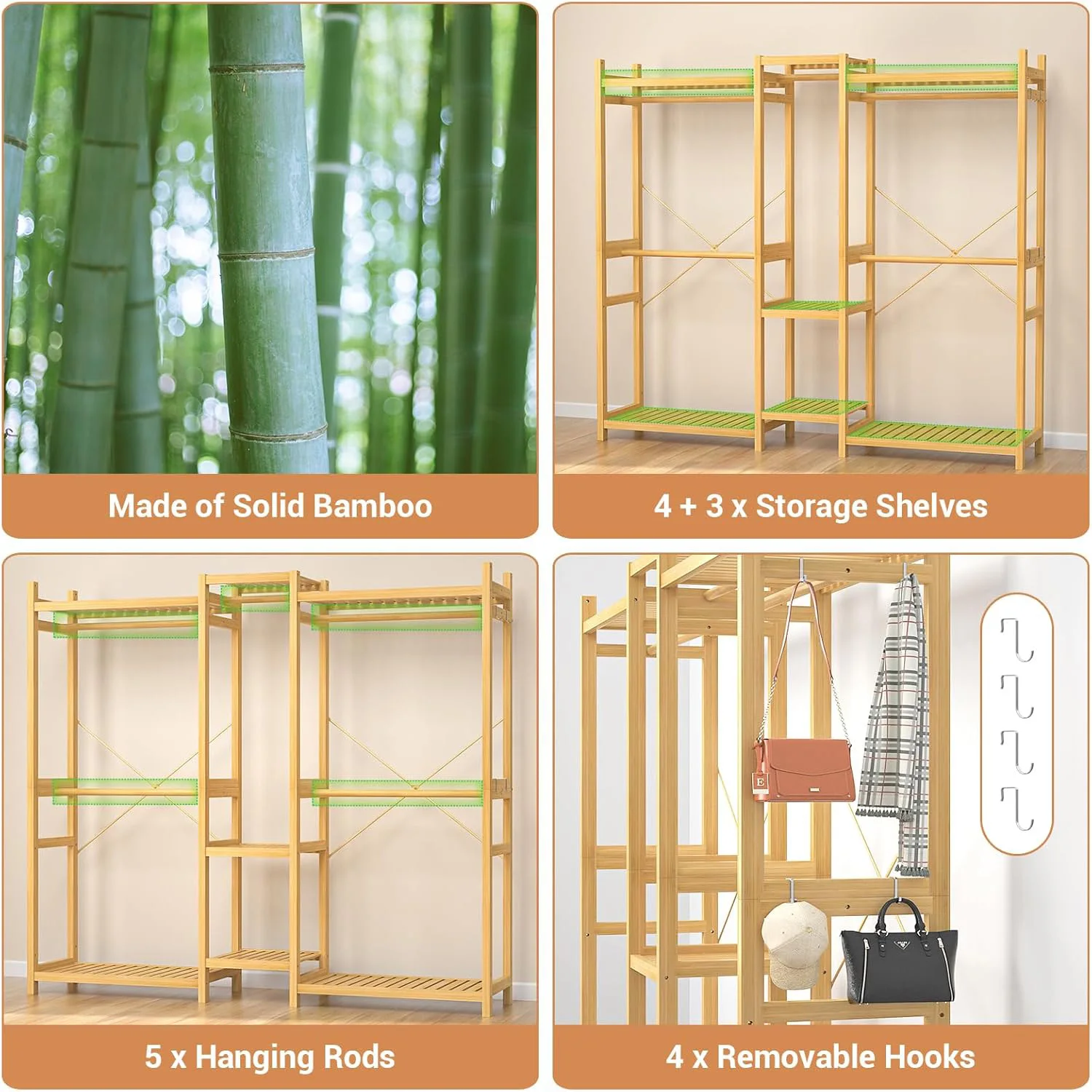 Bamboo Closet System Clothes Rack with 7 Storage Shelves and 5 Rods Large Freestanding Garment Rack Wooden Clothing Rack