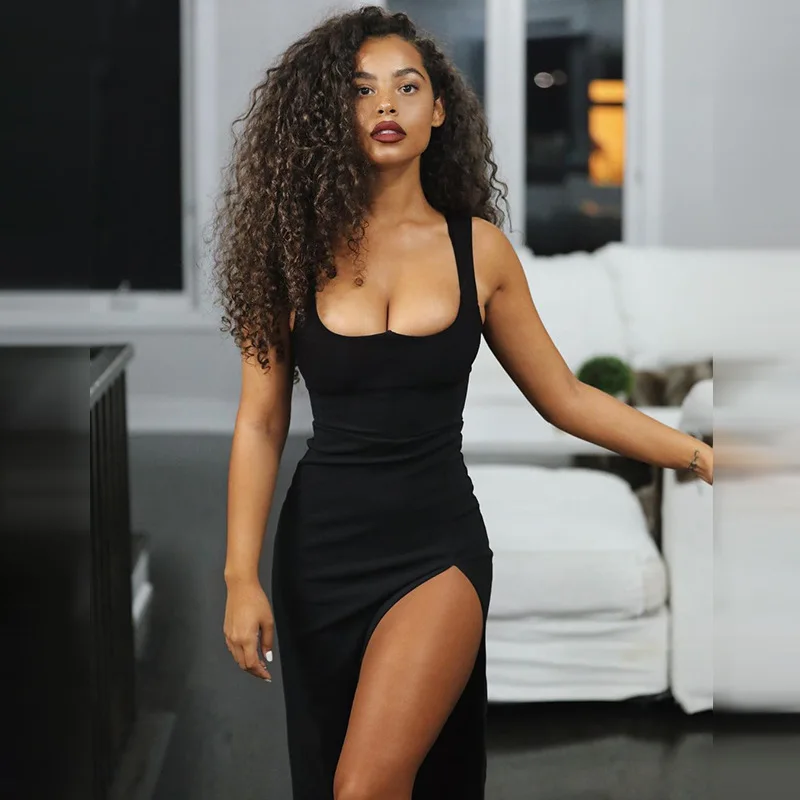 2022 New Arrivals long sexy spaghetti strap style bodycon black dresses wholesale