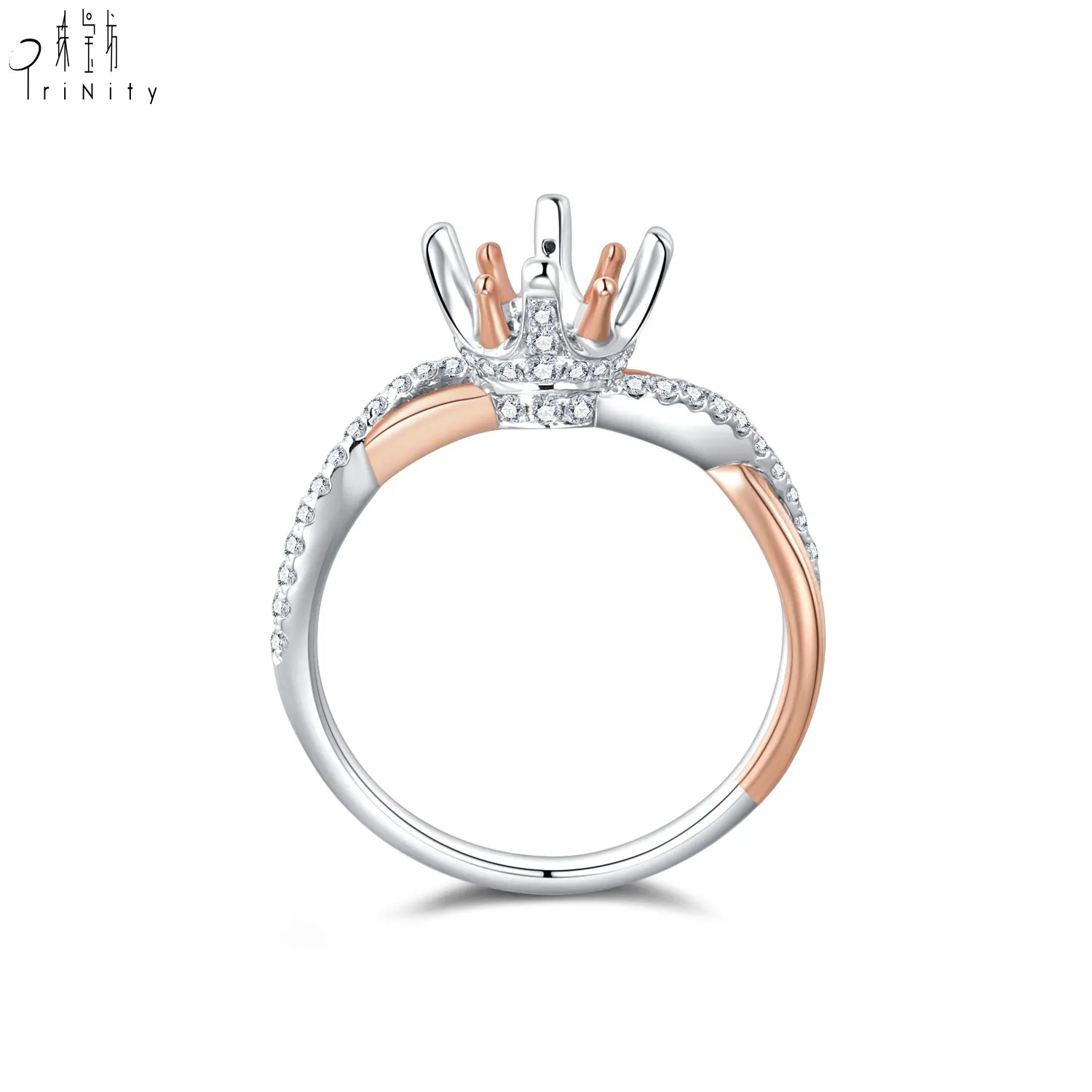Promotional Fine Handmade Real Gold 18k Solid Gold White Diamond Rose Gold Crown Twist Semi Mounting Ring For Women Wedding