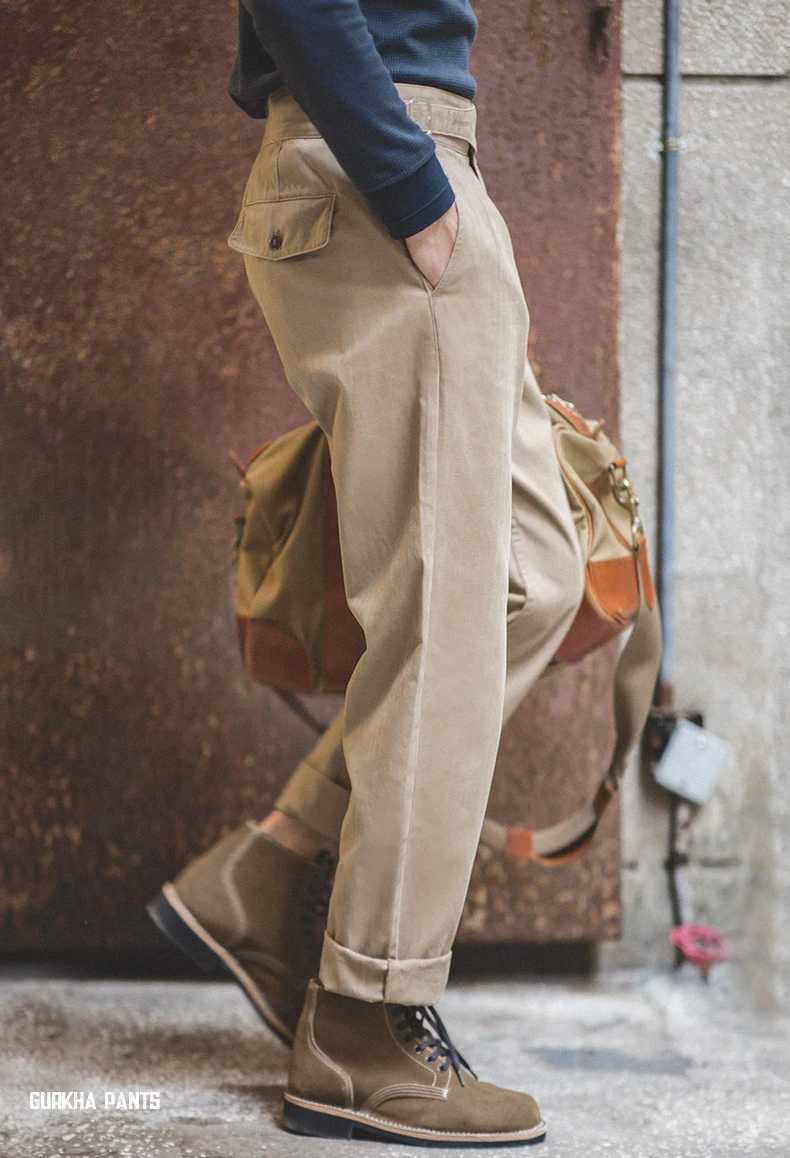 Vintage high waist Gurkha straight Naples pants casual custom embroidery logo 100% cotton khaki private label trousers