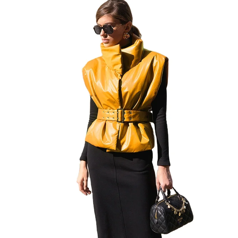 
Simple waist solid color stand collar womens winter sashes sleeveless jacket leather women fashion vest tops 
