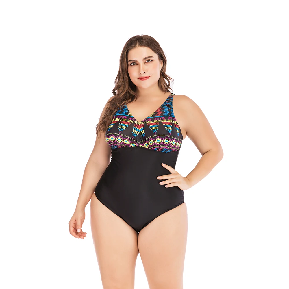 
SESEASUN black print women sexy one piece swimsuit halter neck cross bandage monokini swimwear mature women plus size bikini 5XL 