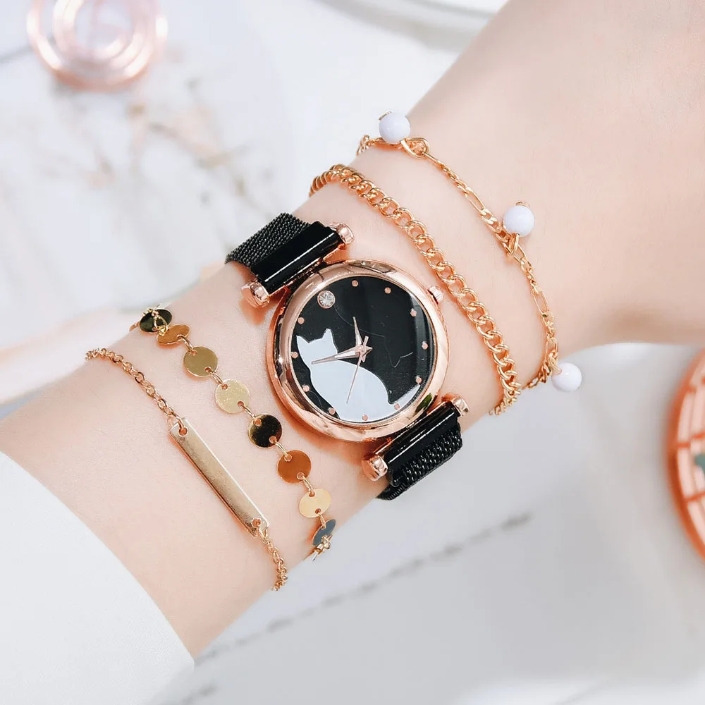 New Magnetic Watch Set Women Quartz Wristwatch Mesh Bracelet Cute Cat Dial Ladies Watches