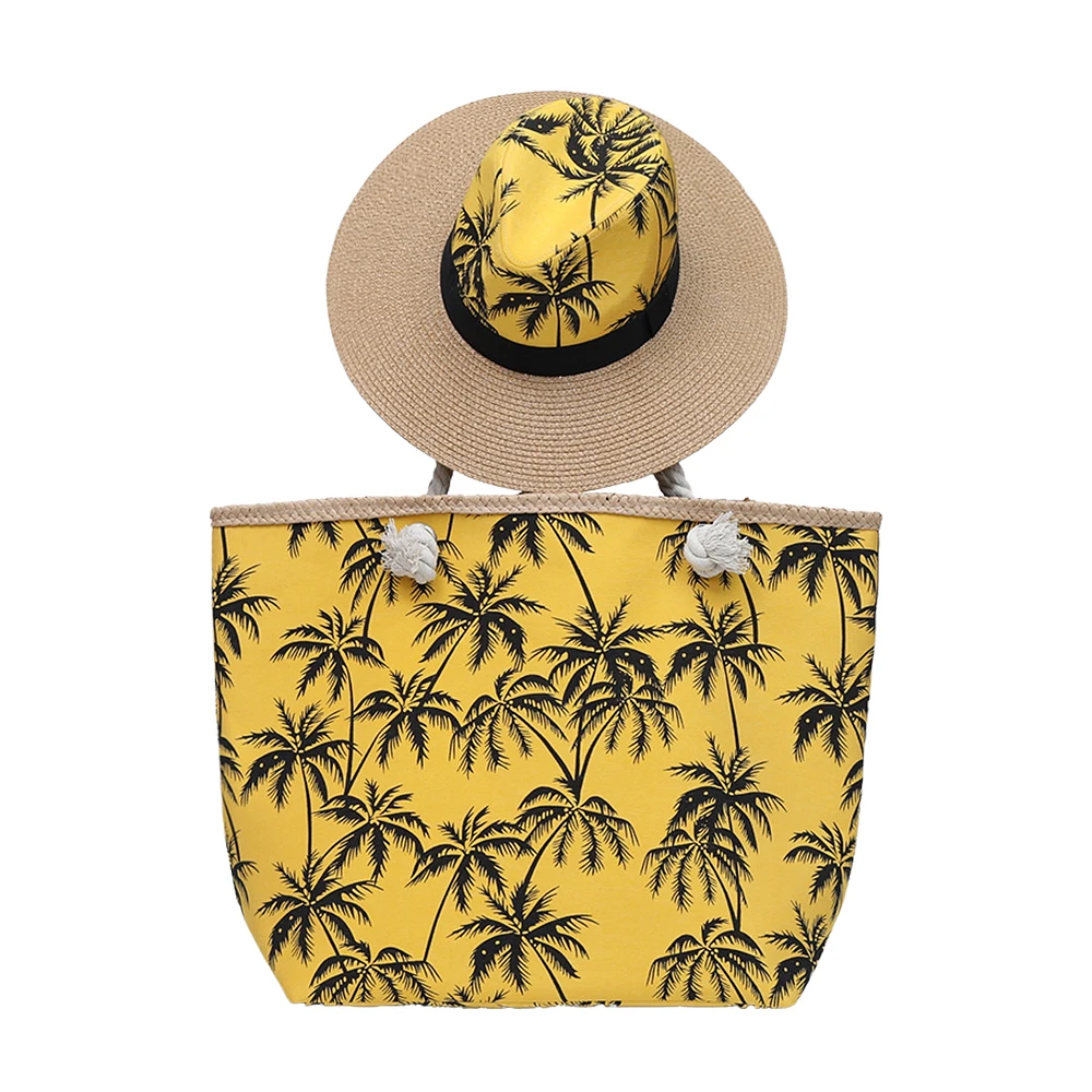 Custom Trendy Women Matching Design Printed Pattern Canvas Tote Bag Personalised Beach Girls Summer Beach Bag And Hat Set