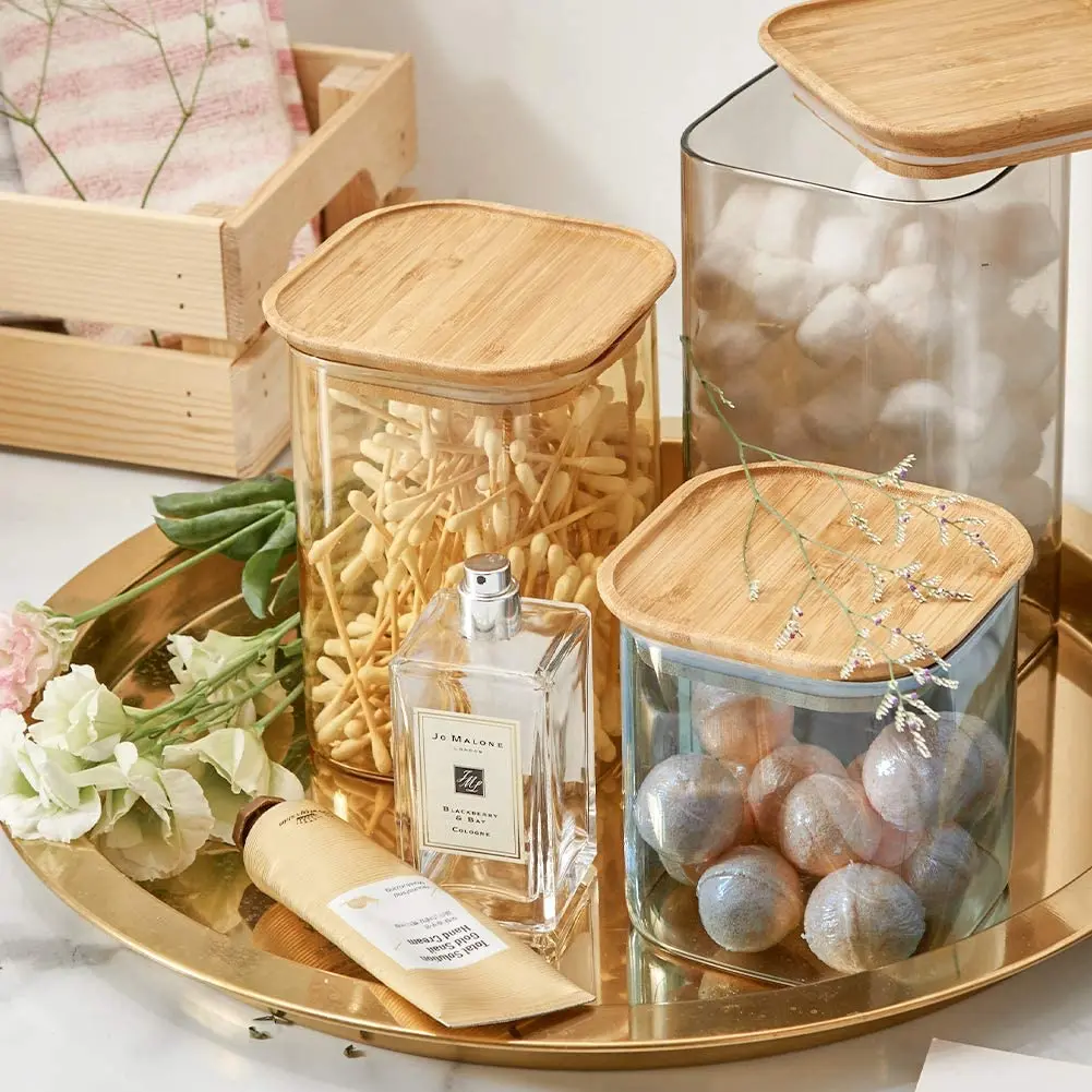 Colorful Stackable Square Glass Jar Set, Air Tight Canister Kitchen Food Storage Container Set for Candy, Cookie, Rice, Sugar