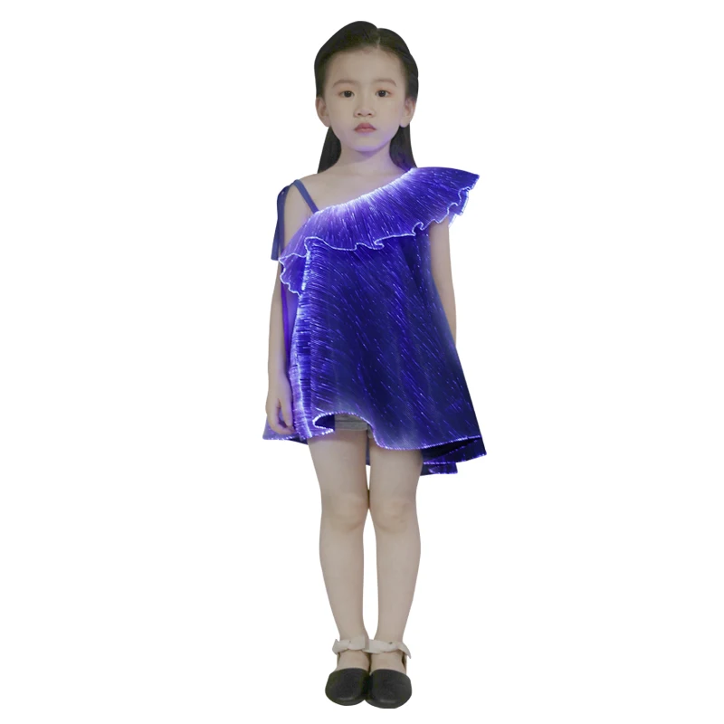 Girls One-shoulder Slip Blue Dress Runway Look LED Light Up Princess Costume Fiber Optics Dress Dance Kid Wear Evening Party
