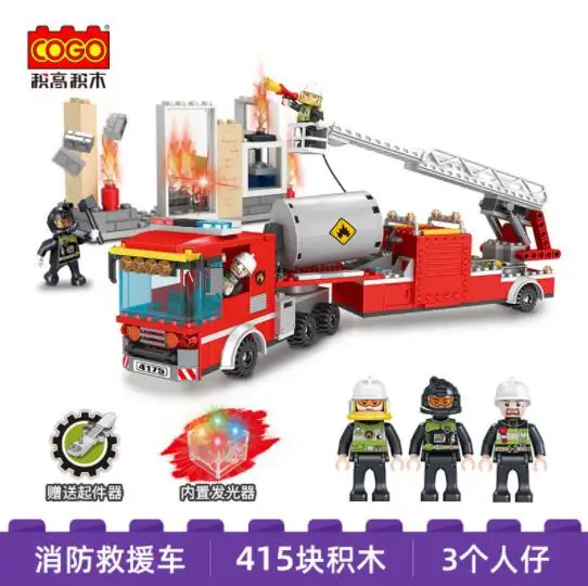 Building block city series fire engine fireman fire engine small particle assembled puzzle toy model
