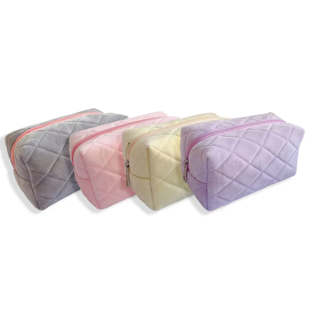 Manufacturer Custom Square Quilted Cosmetic Pouch Soft Velvet Makeup Pouch Beauty Makeup Zipper Travel Toiletry Cosmetic Bags