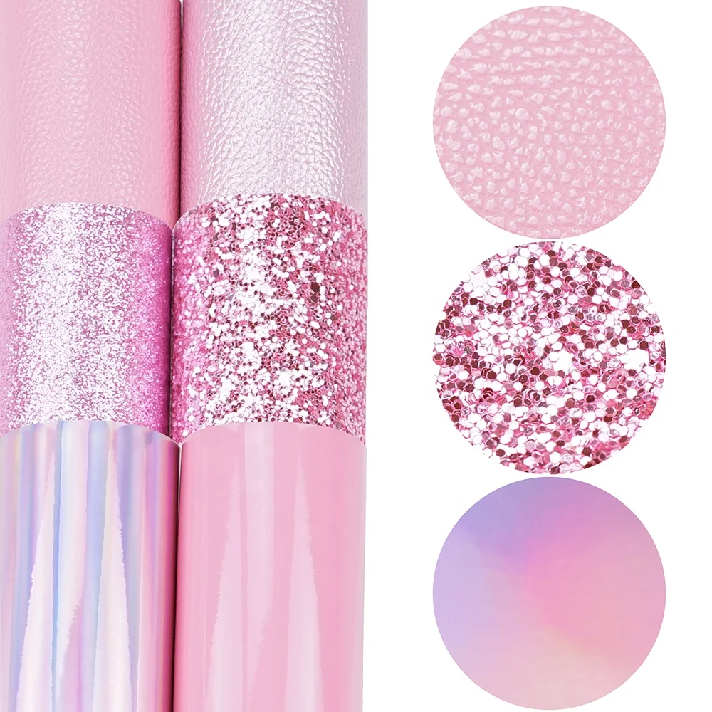 6pcs/set pink holographic chunky fine glitter vegan Faux Leather set A4 Sheets For DIY Bows Girl