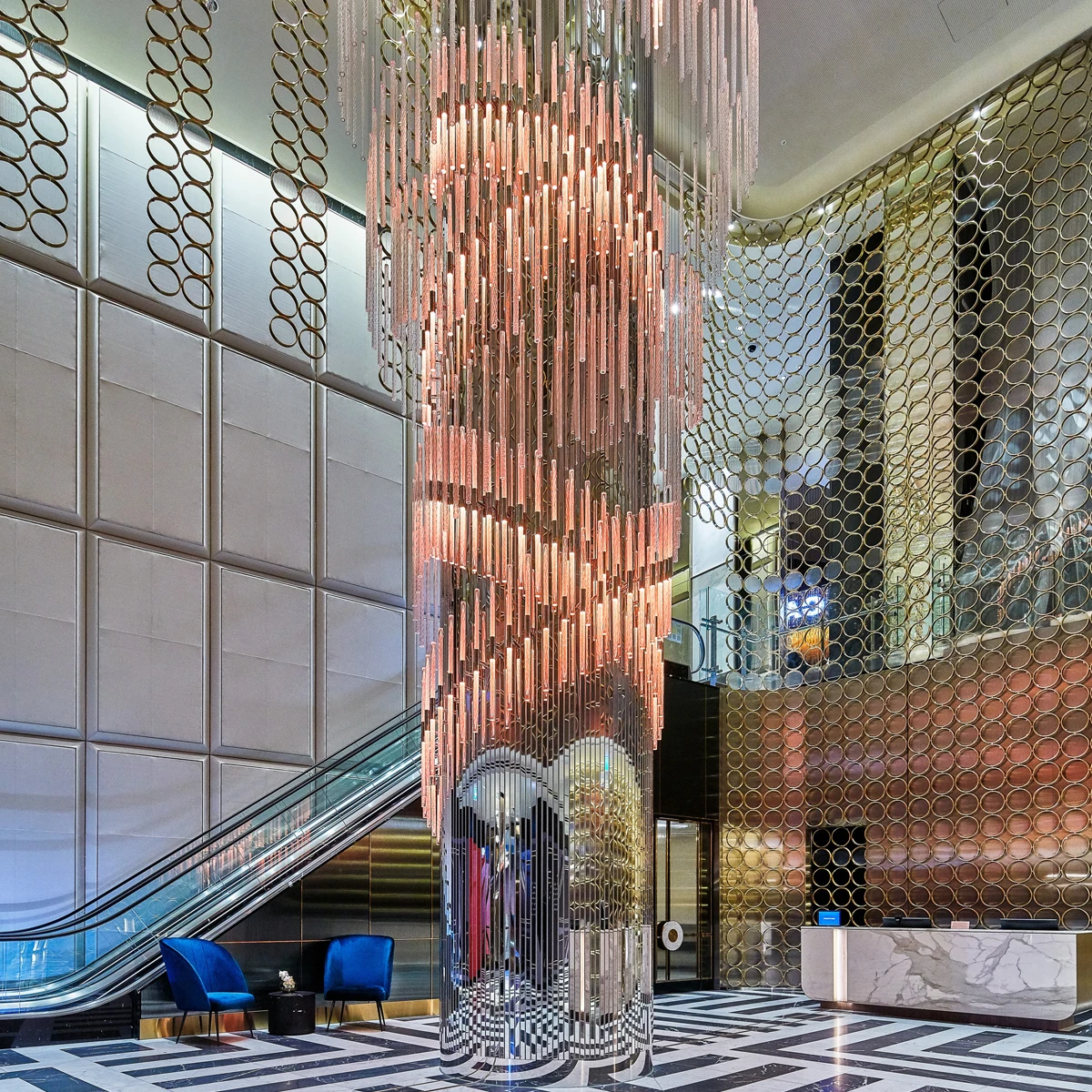 High Ceiling Hanging LED Long Glass Column Decorative Chandelier for Shopping Malls