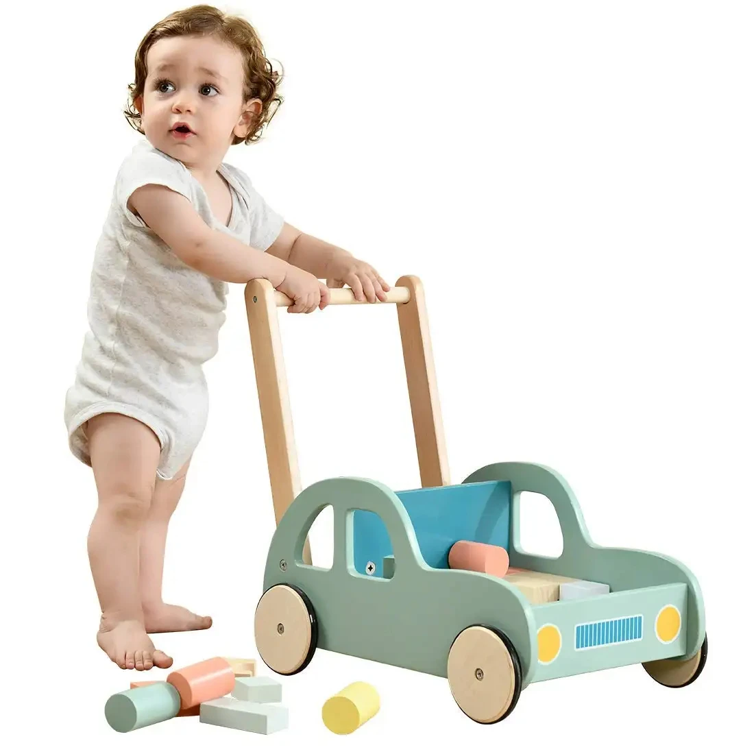 Model Solid Wheels Kids Small Car Wooden Toys Baby Walkers with Building Blocks