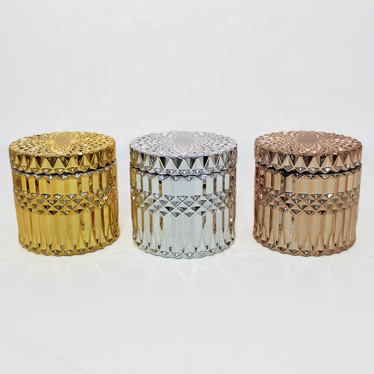 FENGJUN luxury vessel holder electroplated large iridescent embossed geo cut glass candle jar with lids for candle making