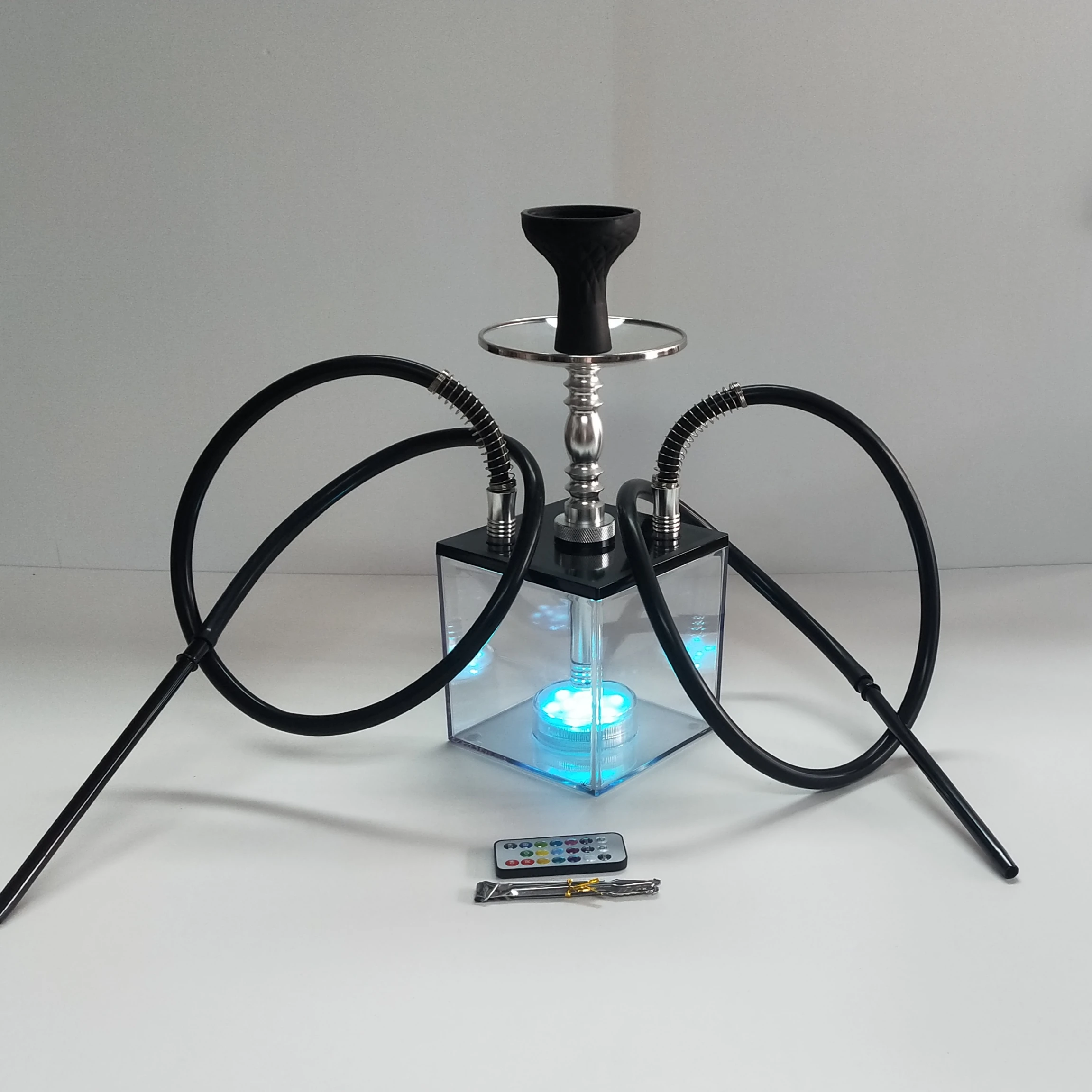 Оптовая продажа китайский завод акриловый кубический квадратный красочный кальян со светодиодным портативным двойным шлангом