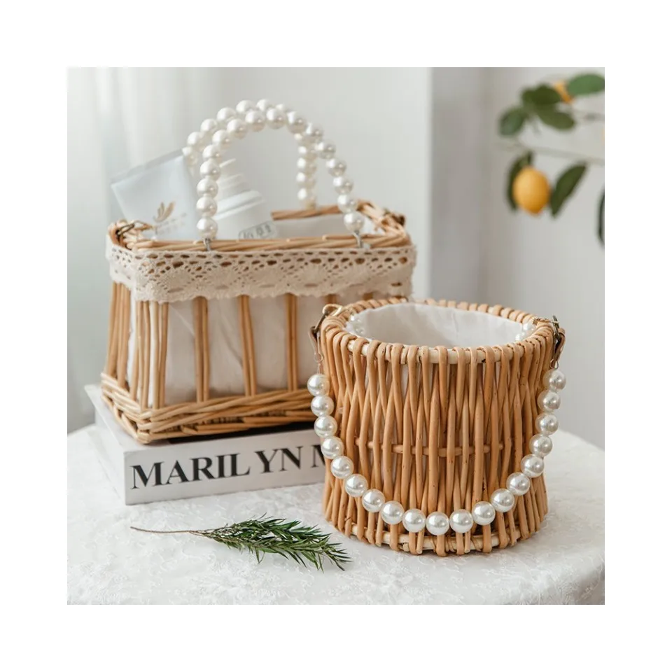 Bali Summer Beach Tote Straw Basket Bag Genuine Pearl Wicker Handmade Basket Girl Gift Kids Birthday Gift Basket