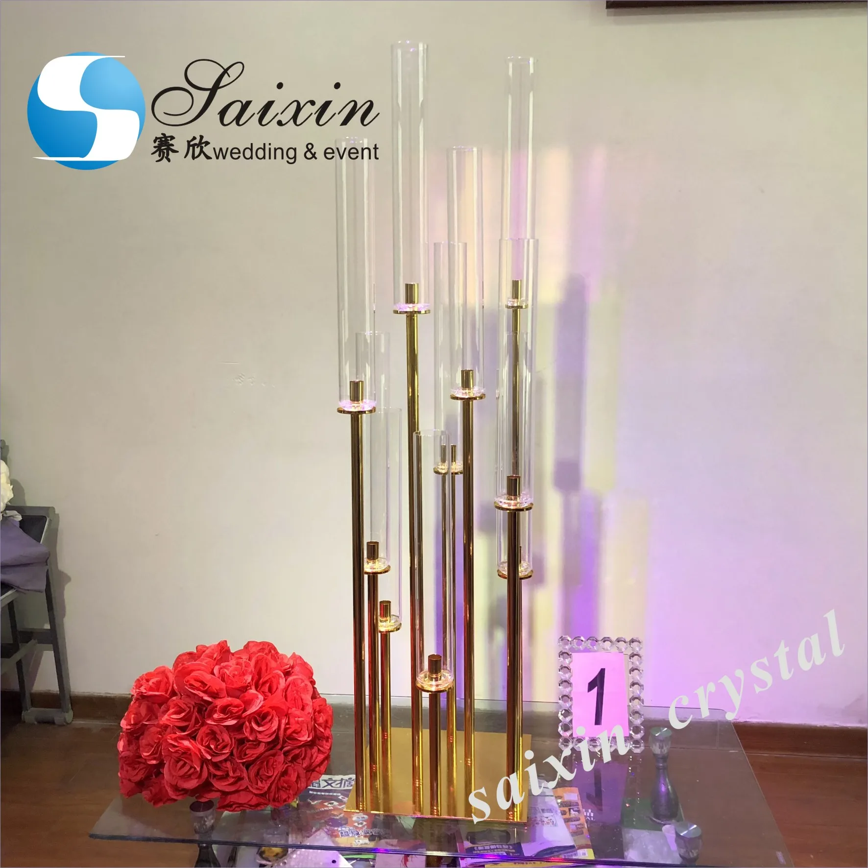 ZT-323G-M beautiful gold metal candle holder with glass tubes