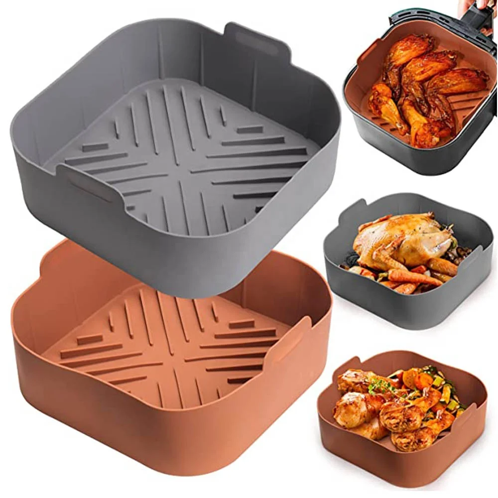 Square Silicone Air Fryer Pots 8 Inch 20cm Reusable Air Fryer Pot Tray Heat Resistant Food Baking for AirFryer Oven Accessories