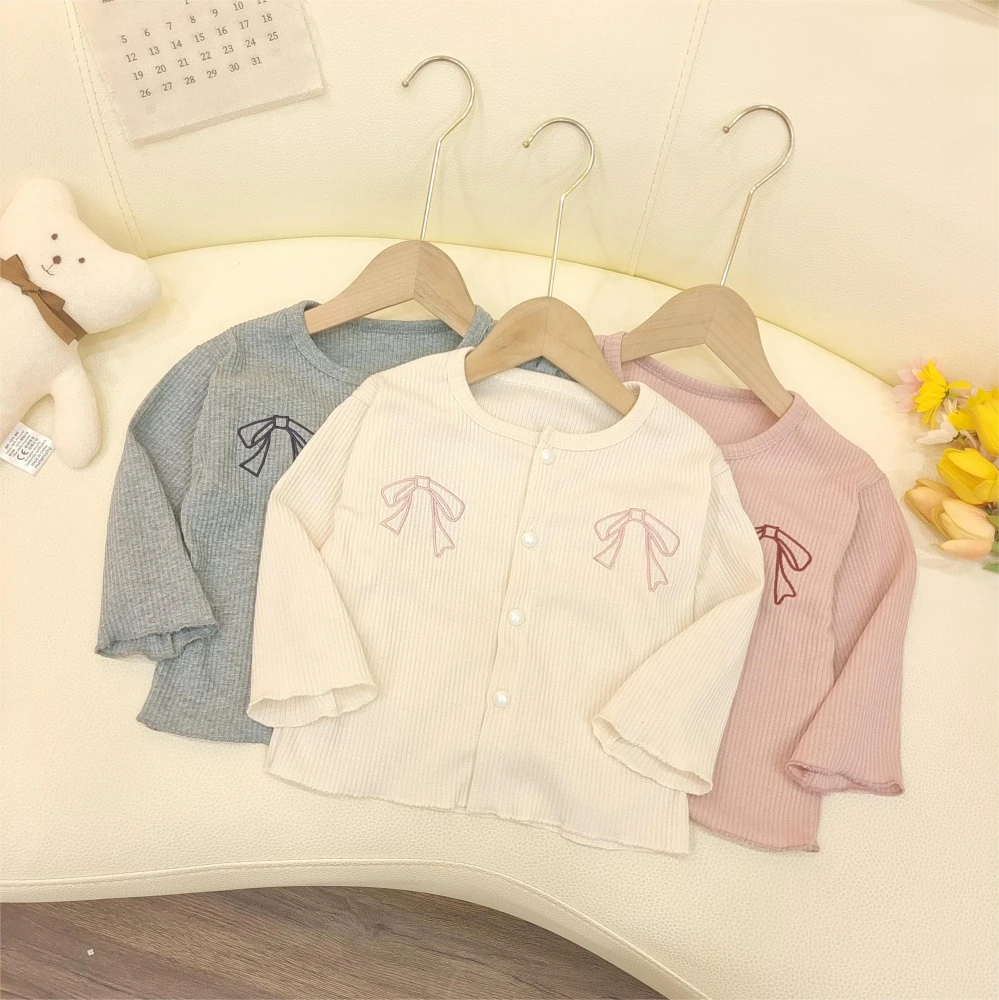 Latest Baby Bow Knitted Cardigan Girl Long Sleeve Top Baby Sweet Simple Coat