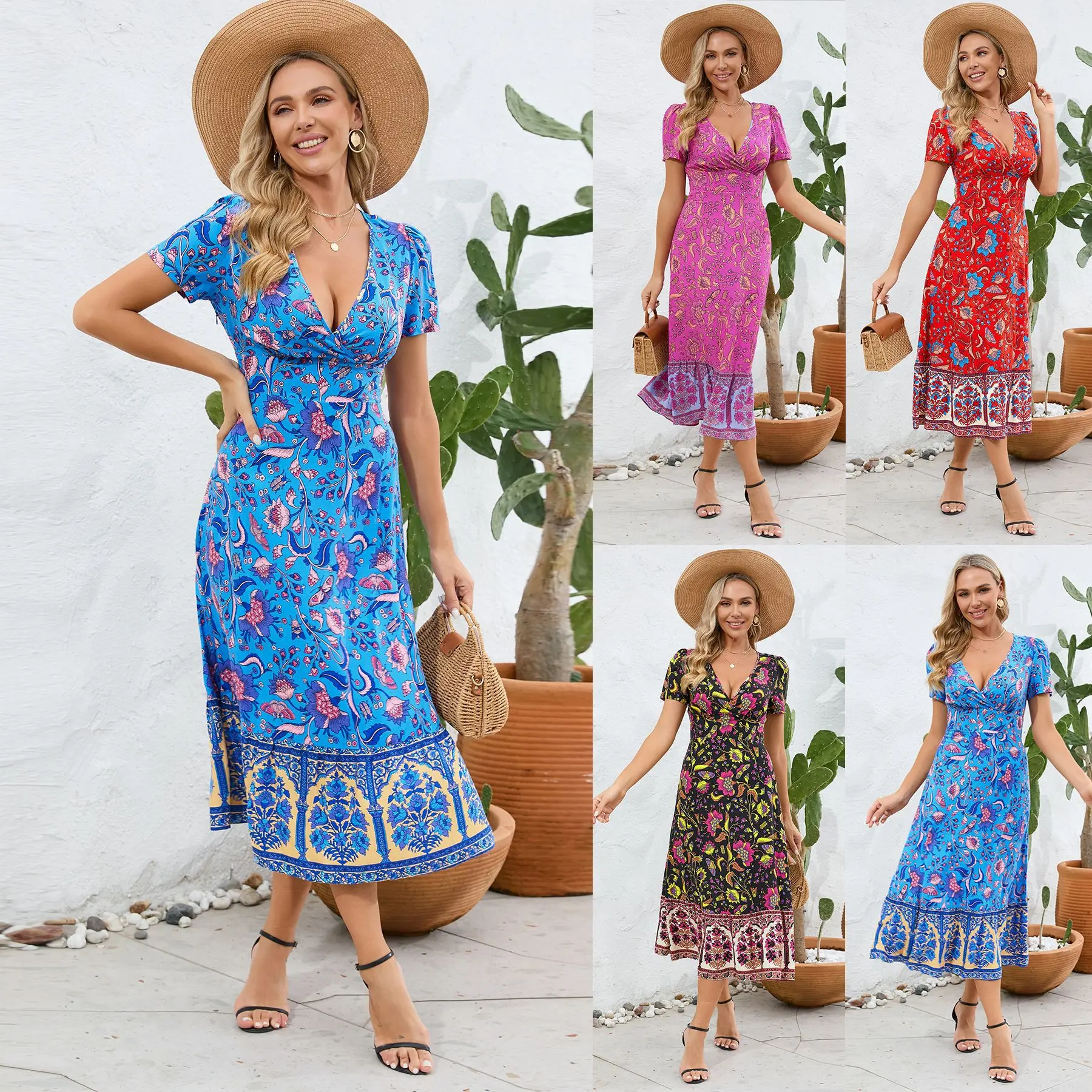 Wholesale sales 2024 summer new short-sleeved V-neck dress Bohemian beach vintage floral dress