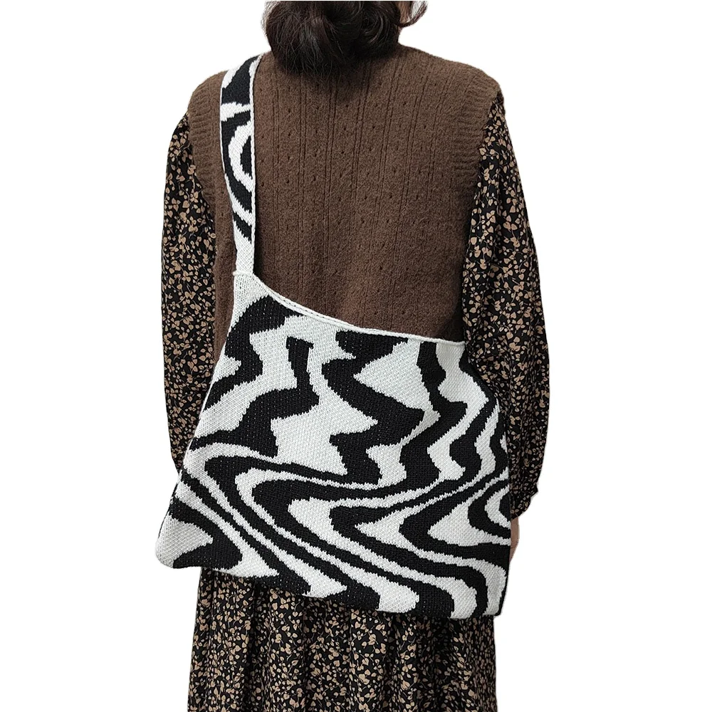 Factory custom Large Capacity Casual Simple Zebra Stripes Design Reusable Wholesale Grocery Handbags knit Shoulder Bags