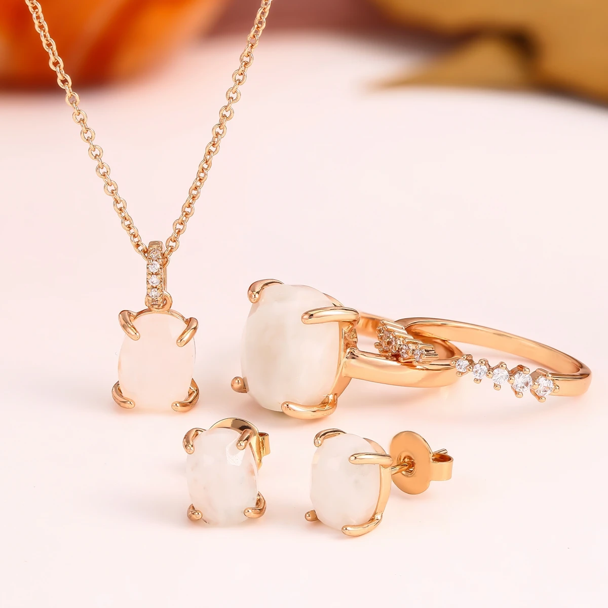 Wholesale Fashion Jewelry Sets Gemstones Earrings Natural Moonstone Stone Ring Set  Necklace Pendant For Women