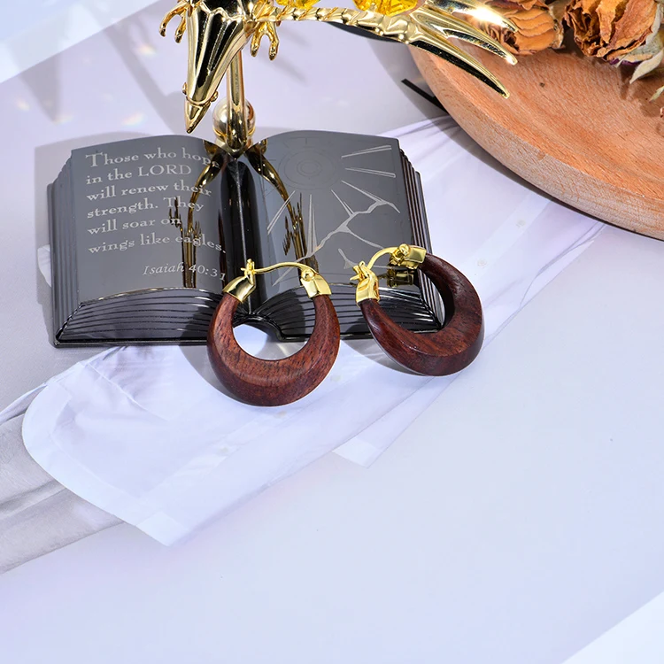 ChinChin Famous Brand Chunky Vintage Style Earrings Hoop Bezel Jewelry Brass 18k Gold Plated Red Ebony wood Hoop Earrings