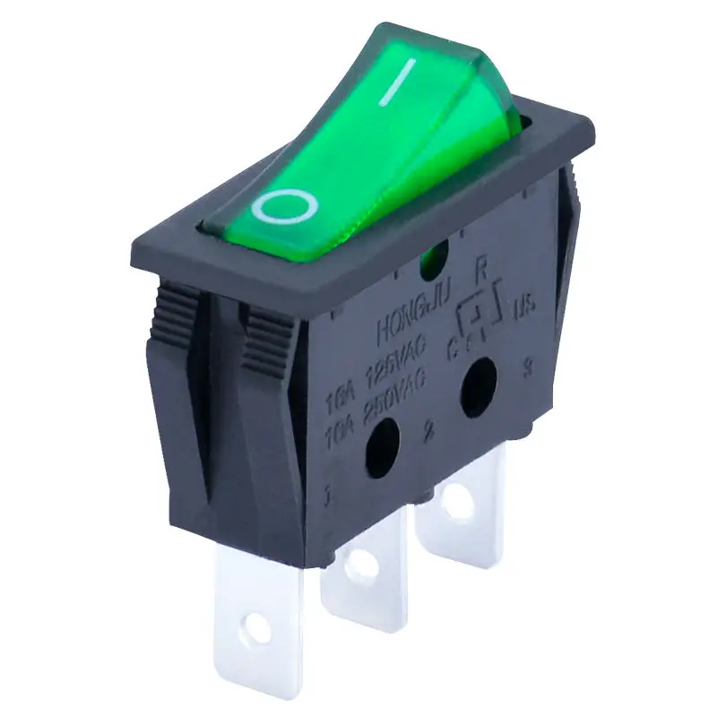 R-1-110-C5L-BG Nylon 66 Flame Retardant 2 Pins On Off Illuminated Rocker Switch With Green Neon Light