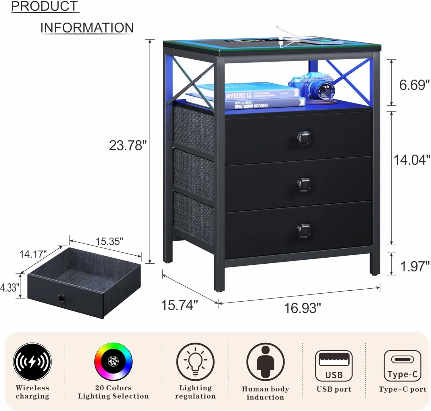 Smart Living Room Nightstand End Side Table USB Port & Power Outlet Bedroom table with drawers storage cabinet and glass top