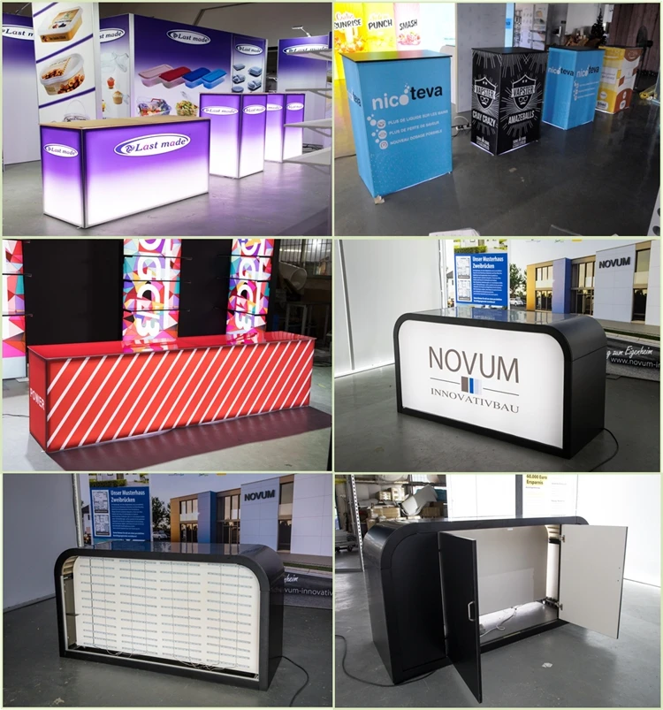 Customized  different  Promotional Portable trade fair counter aluminum  Product curved  display  counter table