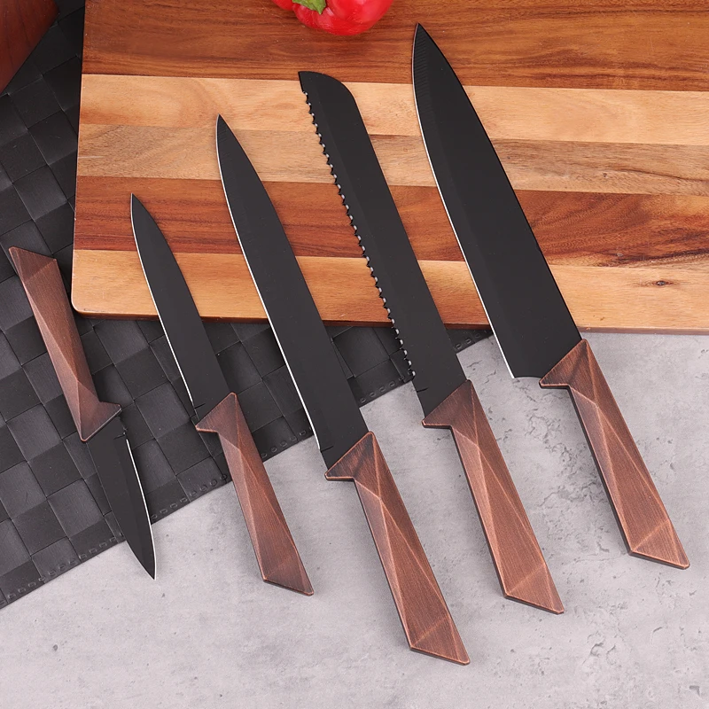 5 antique copper handle spray paint with knife holder kitchen black blade chef stainless steel set knife